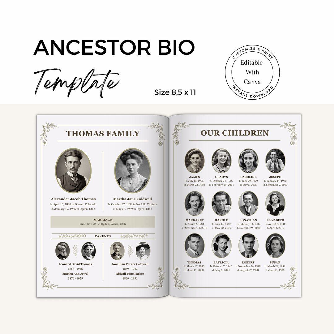 Ancestor Biography Template Editable in Canva
