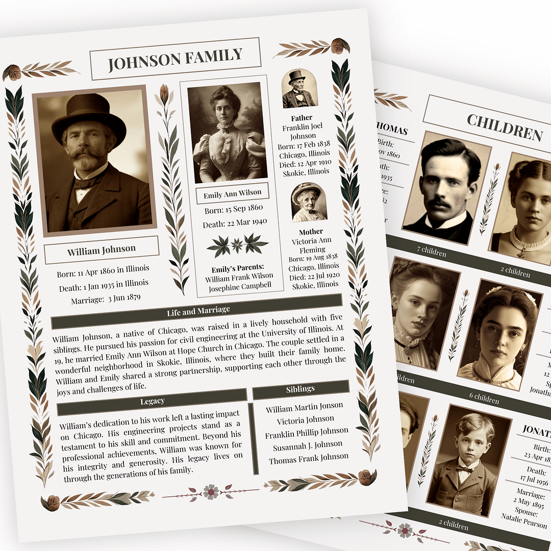 Mockup of the vintage ancestor biography Canva template