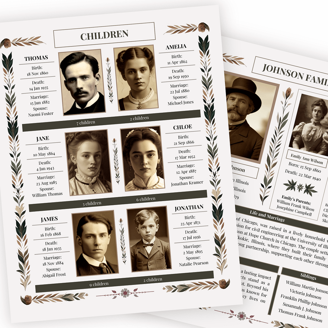 Mockup of the vintage ancestor biography Canva template