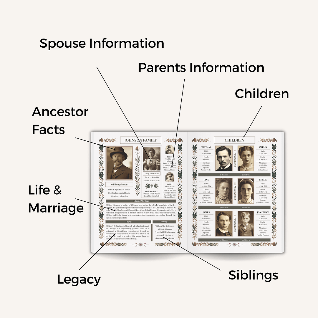 Mockup of the vintage ancestor biography Canva template