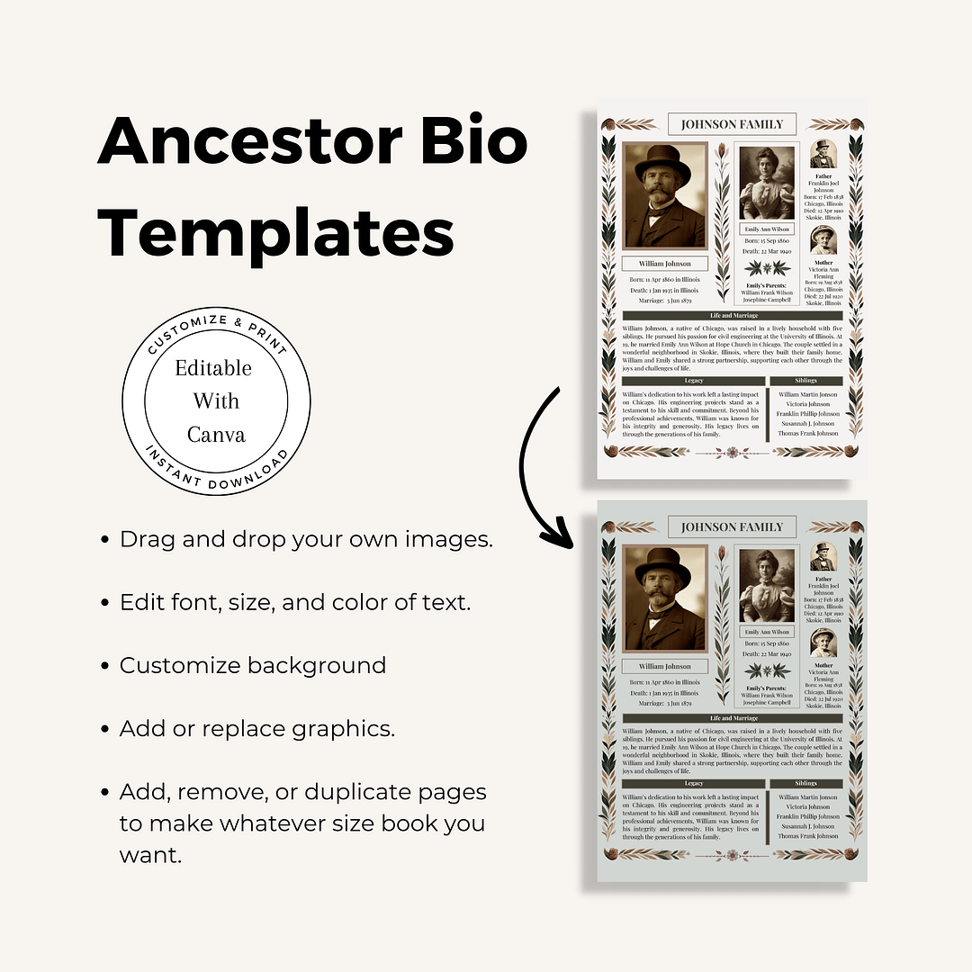 Mockup of the vintage ancestor biography Canva template
