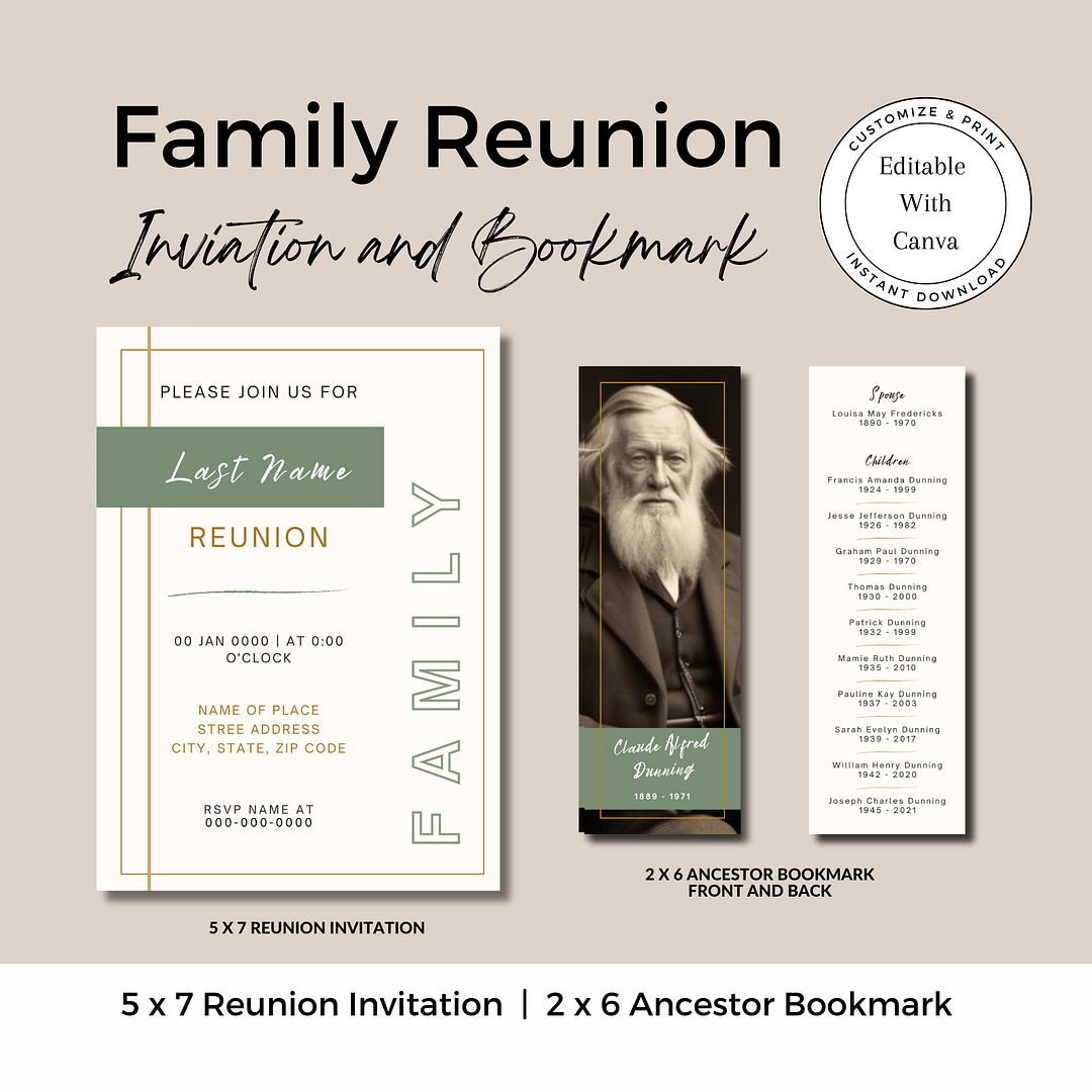 Family Reunion Invitation & Ancestor Bookmark Canva Template Bundle