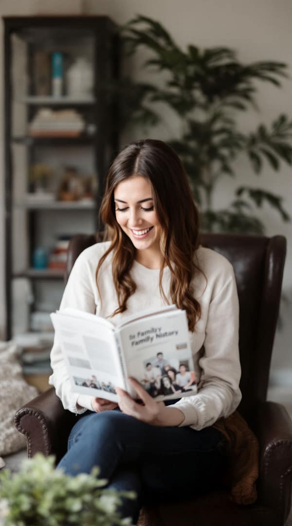 Family member reading a printed ancestry book
